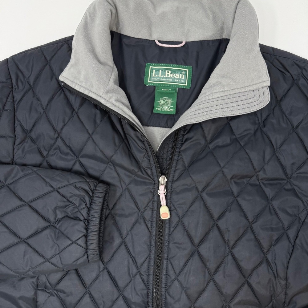 LL Bean Womens Large Navy Blue Diamond Quilted Full Zip Jacket Fleece Collar